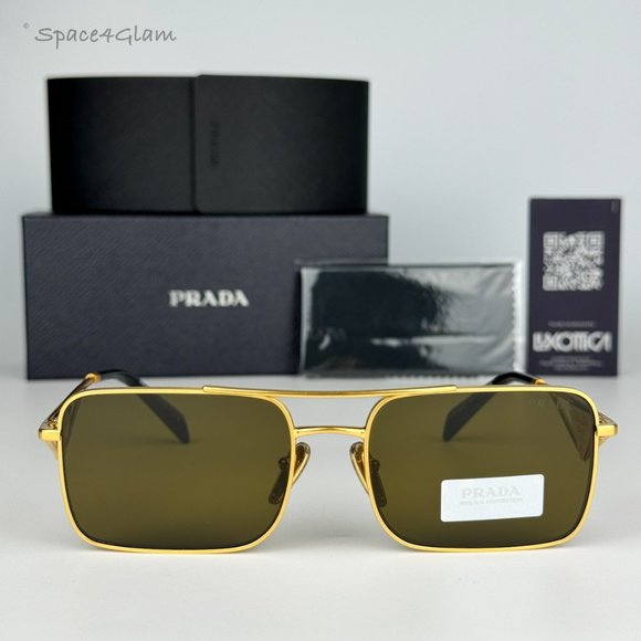 NEW Prada PRA52S 15N01T Matte Gold Brown Rectangle Unisex Sunglasses - Picture 4 of 9